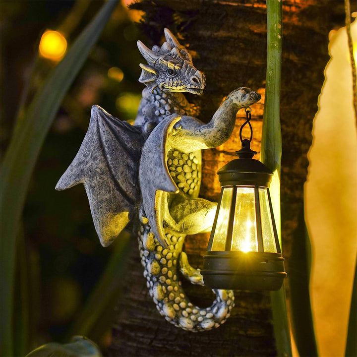 Yeomoo Drachen Figuren mit Solarlampen Baumstamm Gartendeko für Draussen: Lustige Drachen Gartenfigu