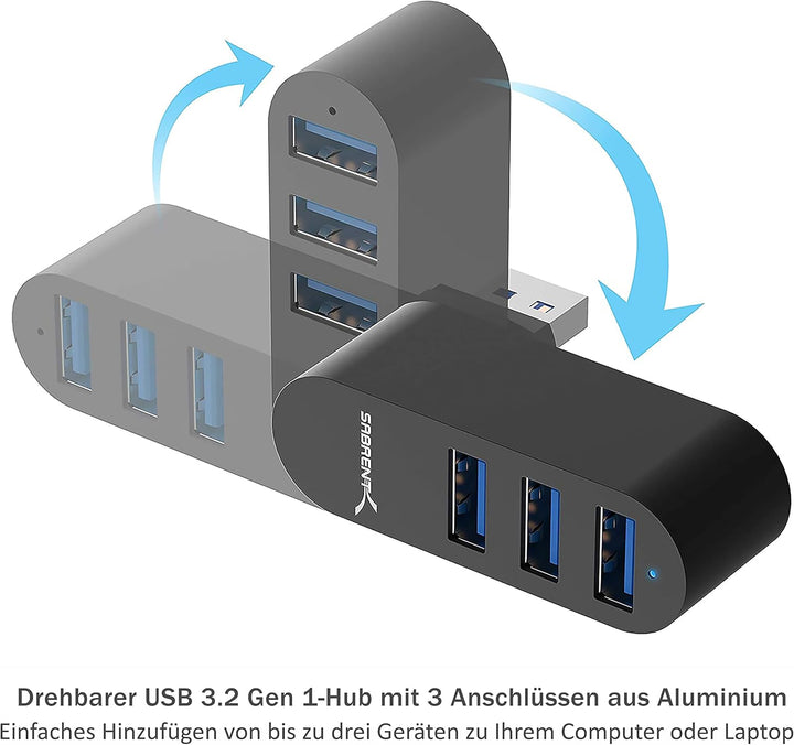 SABRENT Premium 3 Port Aluminium Mini USB 3.0 Hub [um 90 ° / 180 ° drehbar] (HB-R3MB) 3 port Schwarz