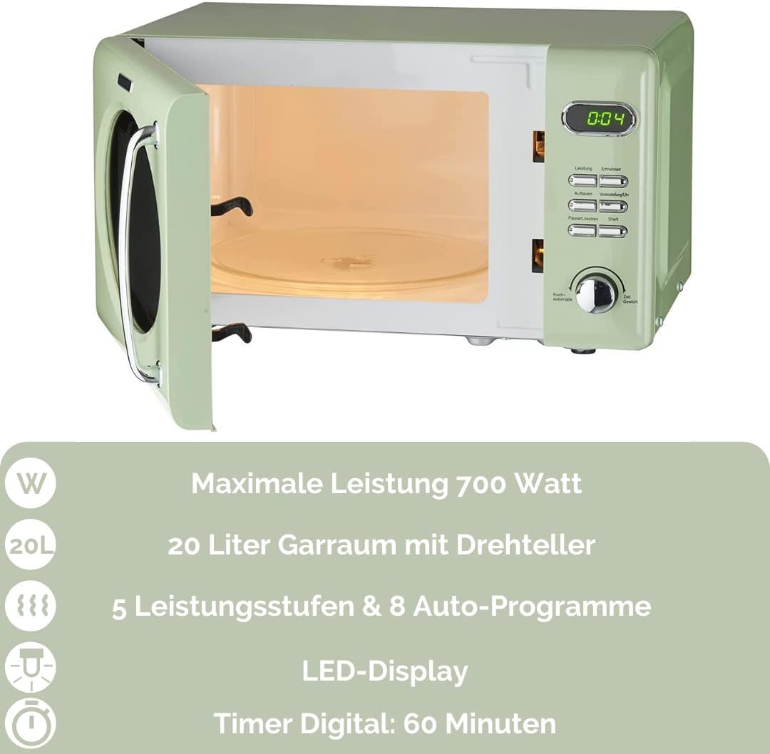 Wolkenstein Retro Stand Mikrowelle WMW720 SC I 700W Mikrowellenleistung I 20L Garraum I 5 Leistungss