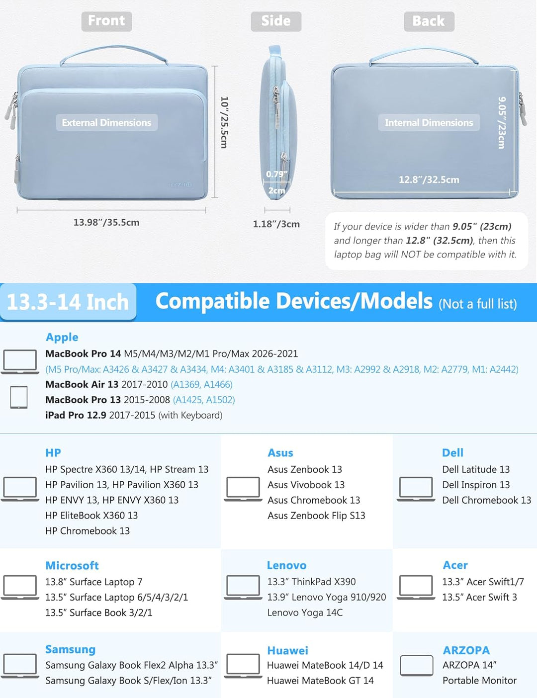 HYZUO 13,3-14 Zoll Laptop Hülle Tasche für MacBook Pro 14 M5-M1 A3426 A3427 2026-2021, 13,3" MacBook