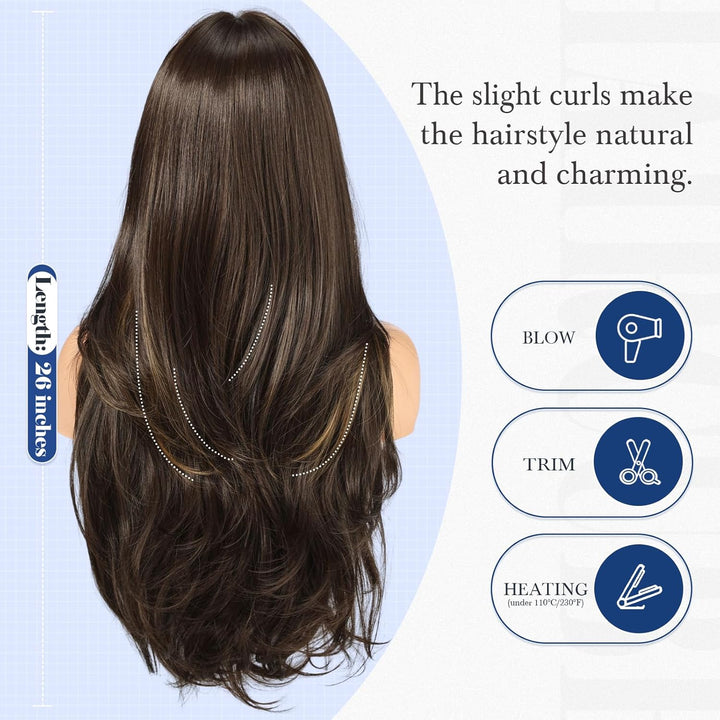 HAIRCUBE Lange braune Perücke mit Pony, geschichtete lockige Perücken für Frauen, natürliche synthet