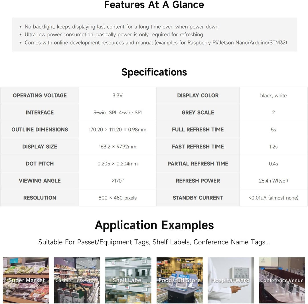 Waveshare 7.5 Inch E-Paper Raw Display Panel V2 800x480 Resolution 3.3V E-Ink Electronic Paper Scree