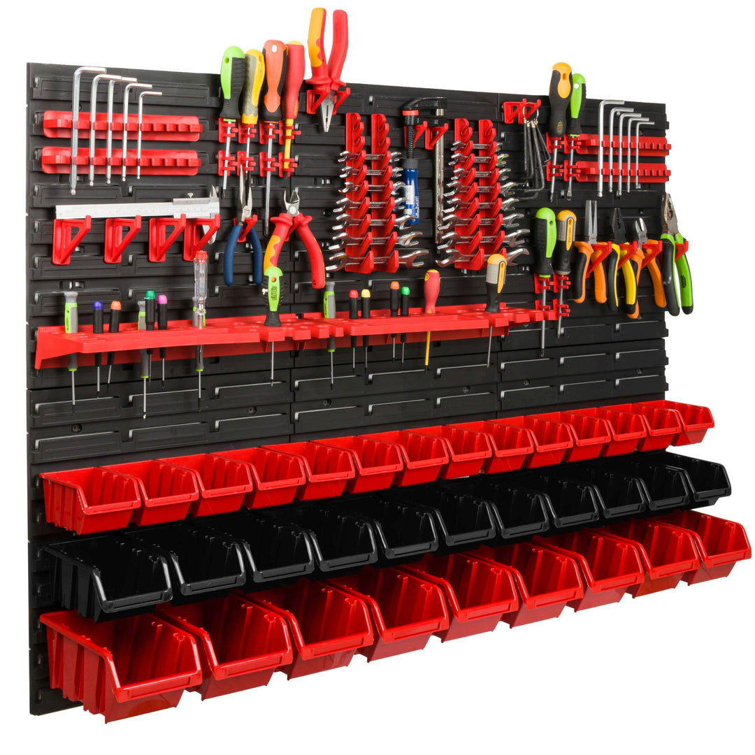 Lagersystem Werkstattregal | 117 x 78 cm | 34 stck. Box | Wandregal mit Werkzeughalterungen und Stap