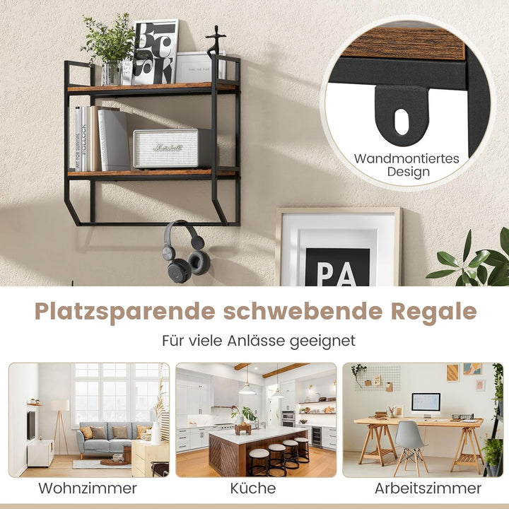 COSTWAY Wandregal, Bücherregal Wand, Schweberegal Holz mit Metallrahmen, 2Ebenen Regal Wand ideal fü