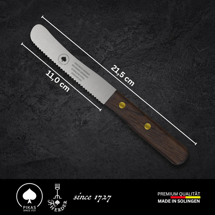 Solingen Messer, 2er Set Räuchereiche Holzgriff, Wellenschliff, Premium Buckelmesser, Klinge rostfre