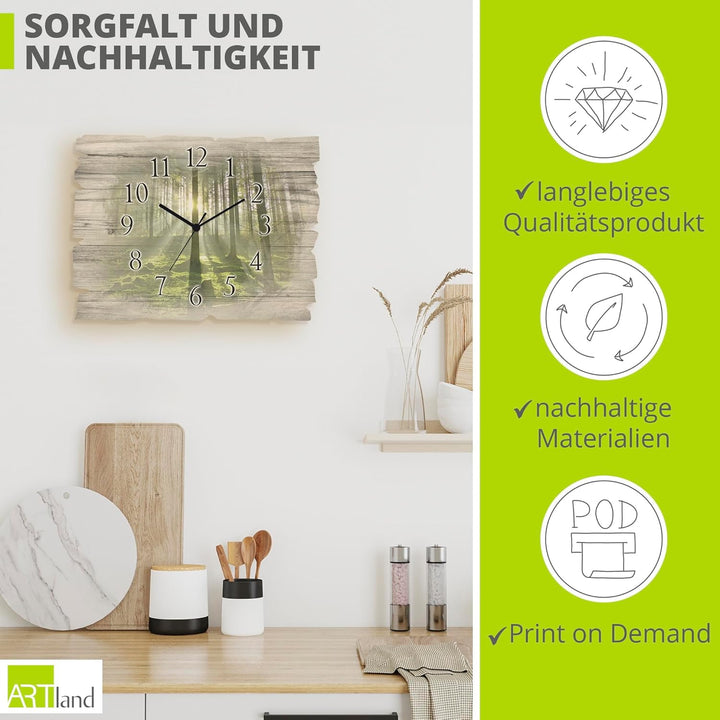 ARTLAND Wanduhr ohne Tickgeräusche aus Holz Funkuhr 40x30 cm Rechteckig Lautlos Wald Landschaft Natu