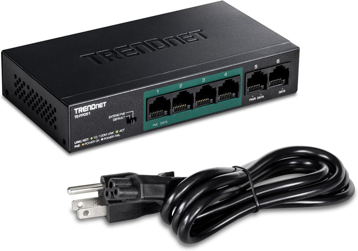 TRENDnet TE-FP051 5-Port Unmanaged Fast Ethernet PoE + -Schalter mit grosser Reichweite, 4 x PoE + -