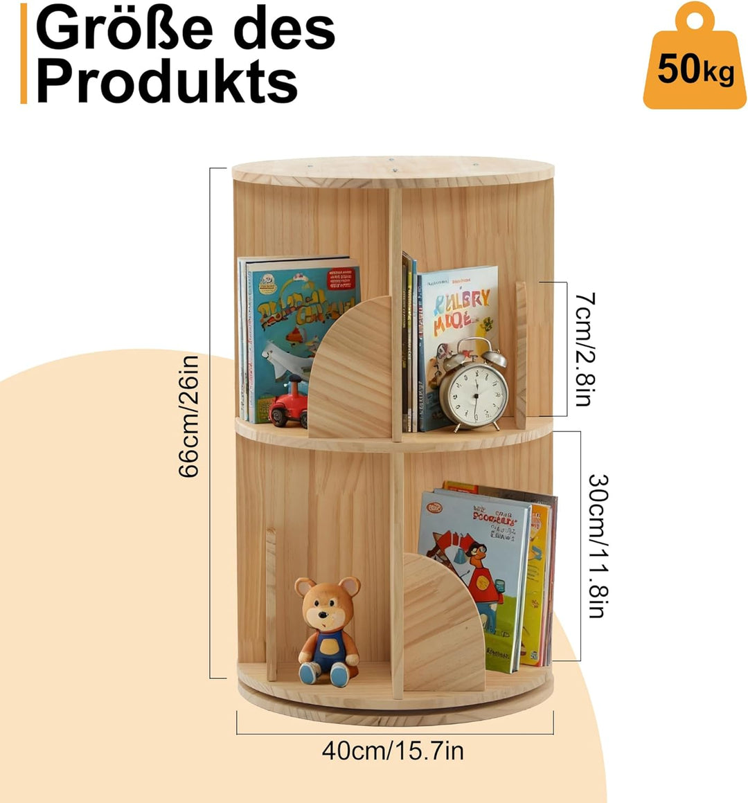 Mingone Bücherregal Kinder 360° Drehbar, 2-Ebenen Drehregal aus Massivholz, Standregal & Schreibtisc