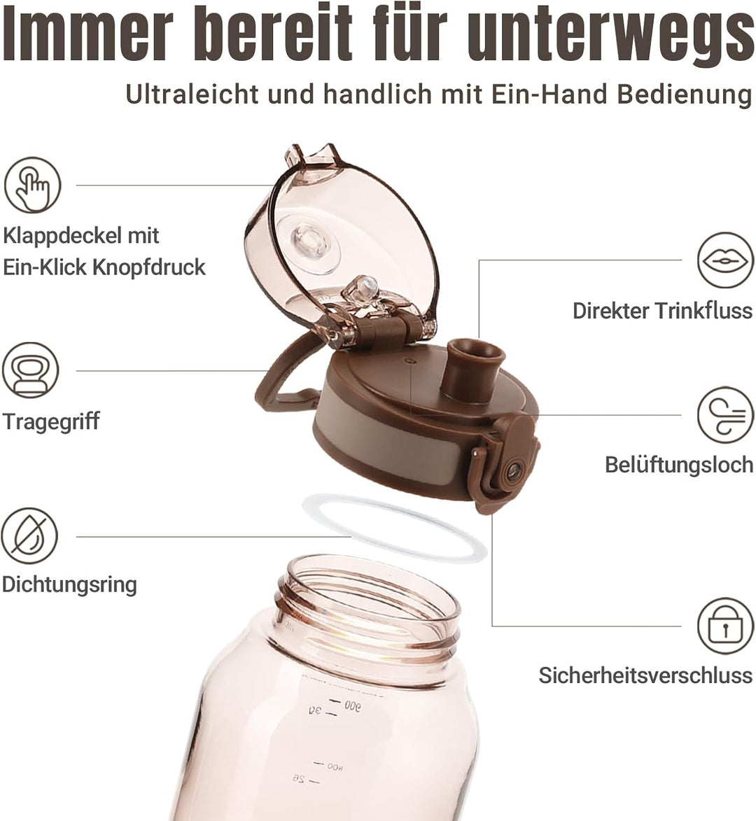 UZSPACE Trinkflasche Sport 1L, Tritan Bpa-Frei Trinkflasche Auslaufsicher mit Einhandbedienung, Kohl