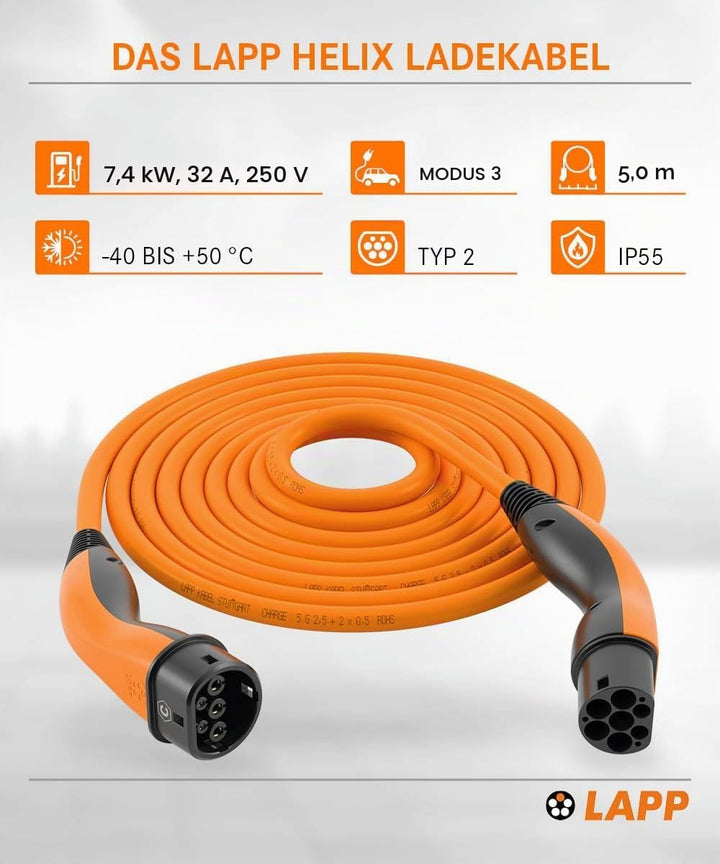 Lapp Mobility Helix Typ 2 Ladekabel 7,4 kW/Selbstaufrollend / 32 A / 1-Phasig/E-Auto Ladekabel/Mode