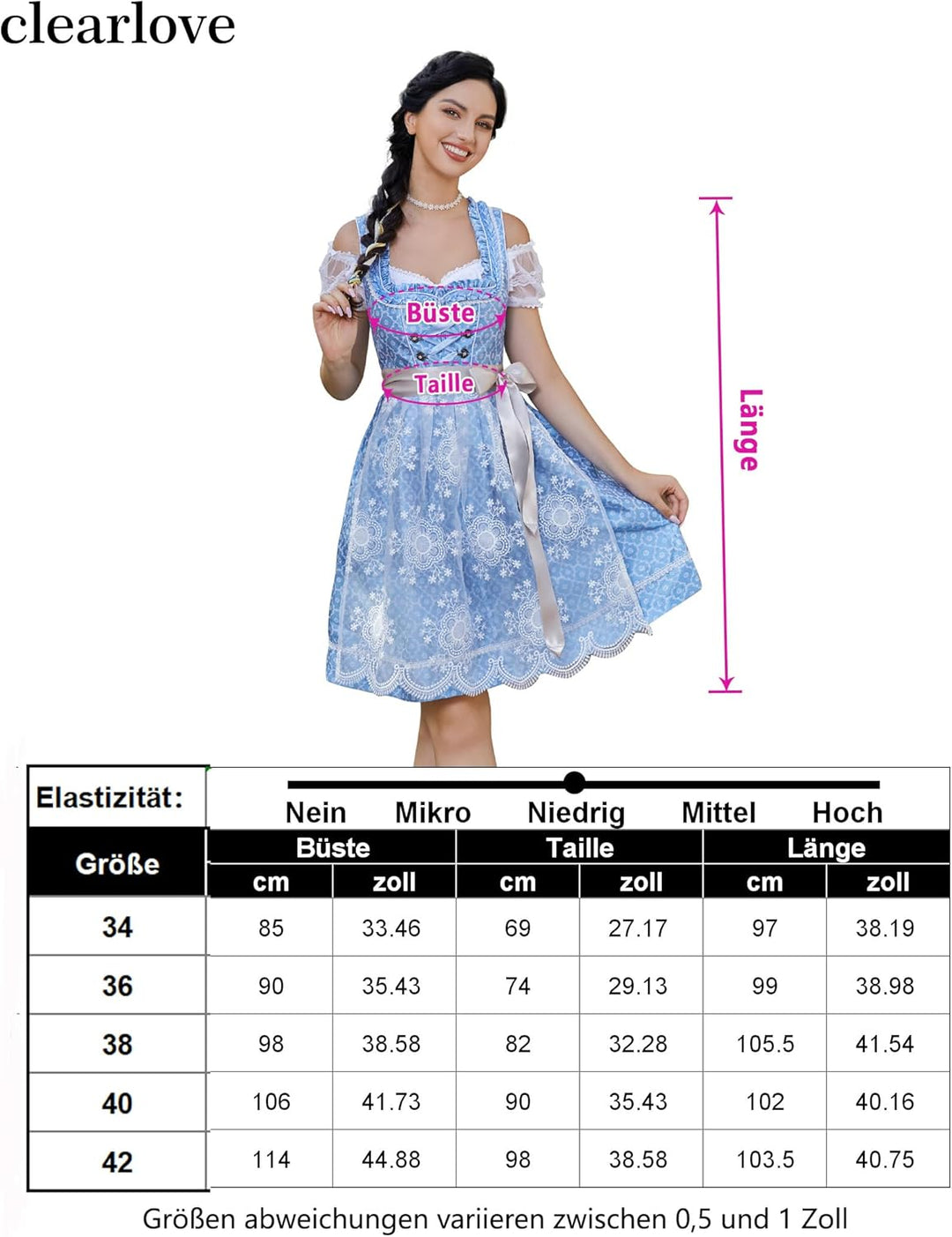 Clearlove Dirndl Damen midi 3tlg.Trachtenkleid für Oktoberfest,Karneval,DREI Teilig: Kleid, Bluse, S