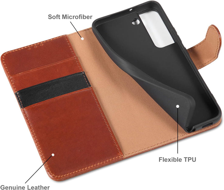 LENSUN Echtleder Hülle für Samsung Galaxy S22, Handyhülle [Echtes Leder] [Kickstand] [RFID Schutz] L
