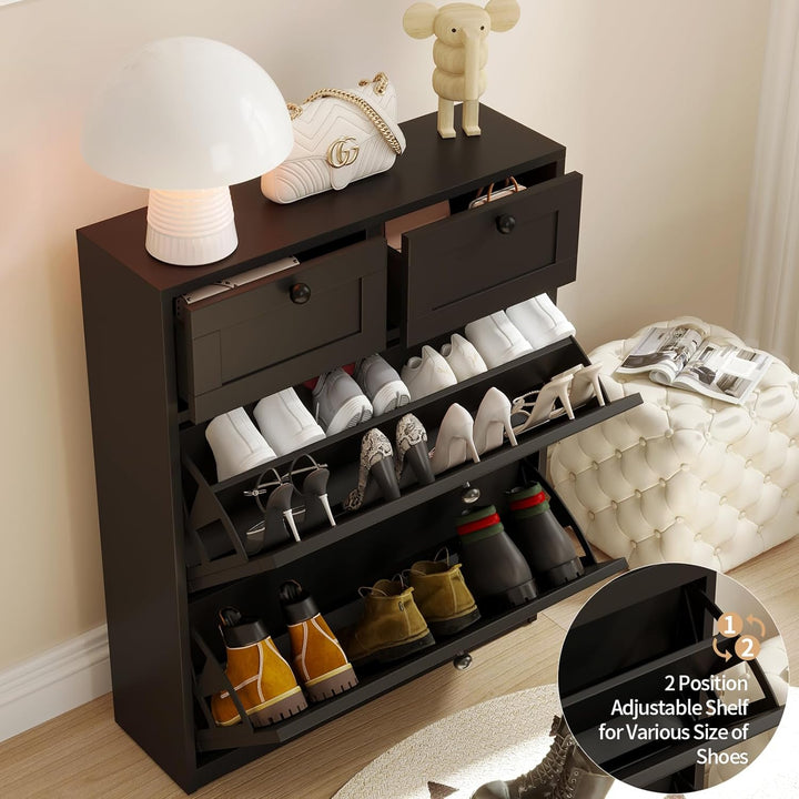 VOWNER Schuhschrank mit 2 Klappen, Schuhregal Schuhkipper Schmal, Schuhschrank Schwarz, Schuhablage