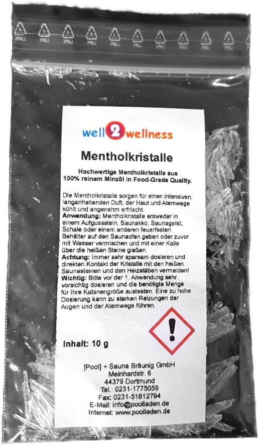 well2wellness® Saunaaufguss Set 'Probierset/Starter Set' 6 x 125 ml + gratis 10g Mentholkristalle Pr