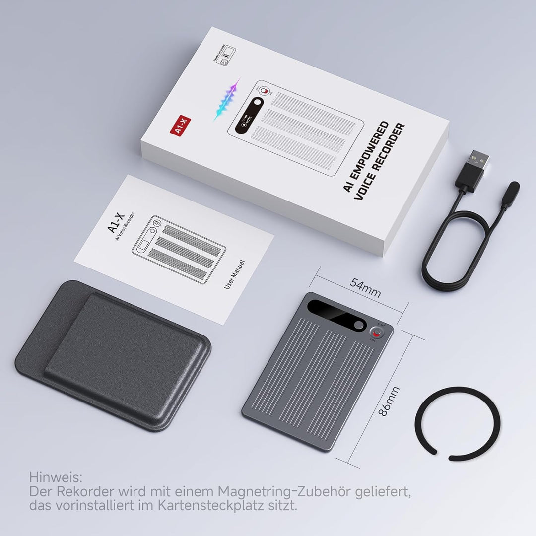 KI Digitales Diktiergerät mit Hülle, Transkribieren und Zusammenfassen, App-Steuerung, One-Touch-Auf