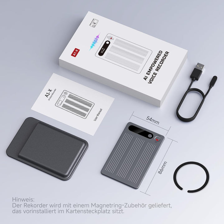 KI Digitales Diktiergerät mit Hülle, Transkribieren und Zusammenfassen, App-Steuerung, One-Touch-Auf