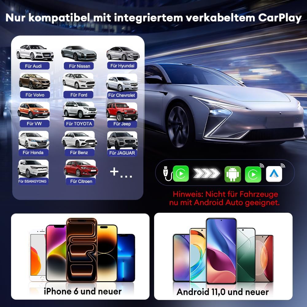 Carlinkit CP2A Pro Wireless CarPlay Adapter–Unterstützt für Netflix/YouTube/TikTok Lite Streaming we