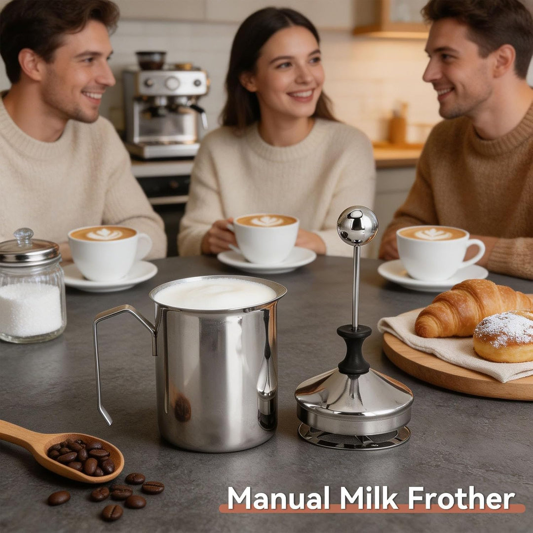 Manueller Milchaufschäumer, Handmilchaufschäumer aus Edelstahl mit Griff und Deckel für Kaffee Latte