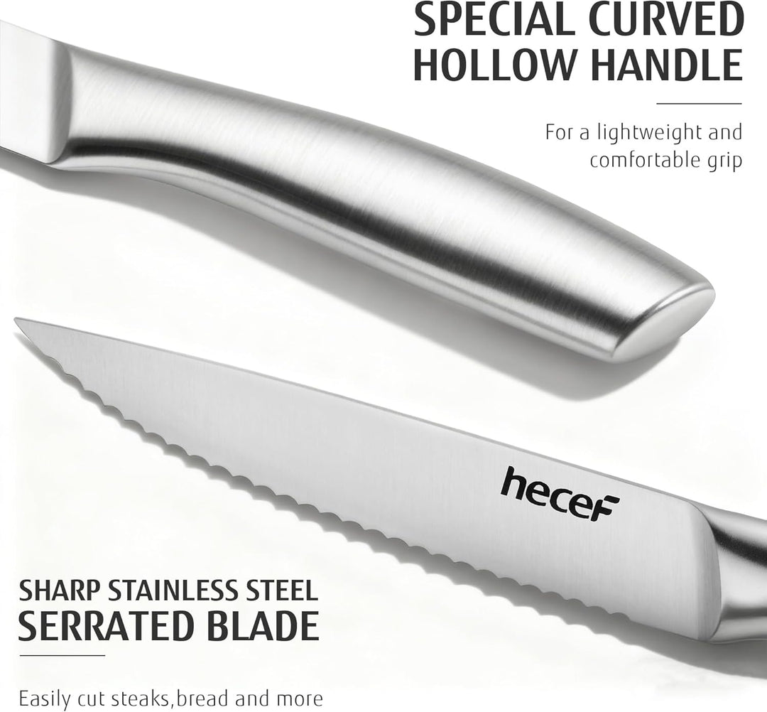 hecef Steakmesser Set 6-teilig, scharfe Tafelmesser mit Wellenschliff und ergonomischem Hohlgriff, k