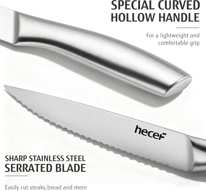 hecef Steakmesser Set 6-teilig, scharfe Tafelmesser mit Wellenschliff und ergonomischem Hohlgriff, k