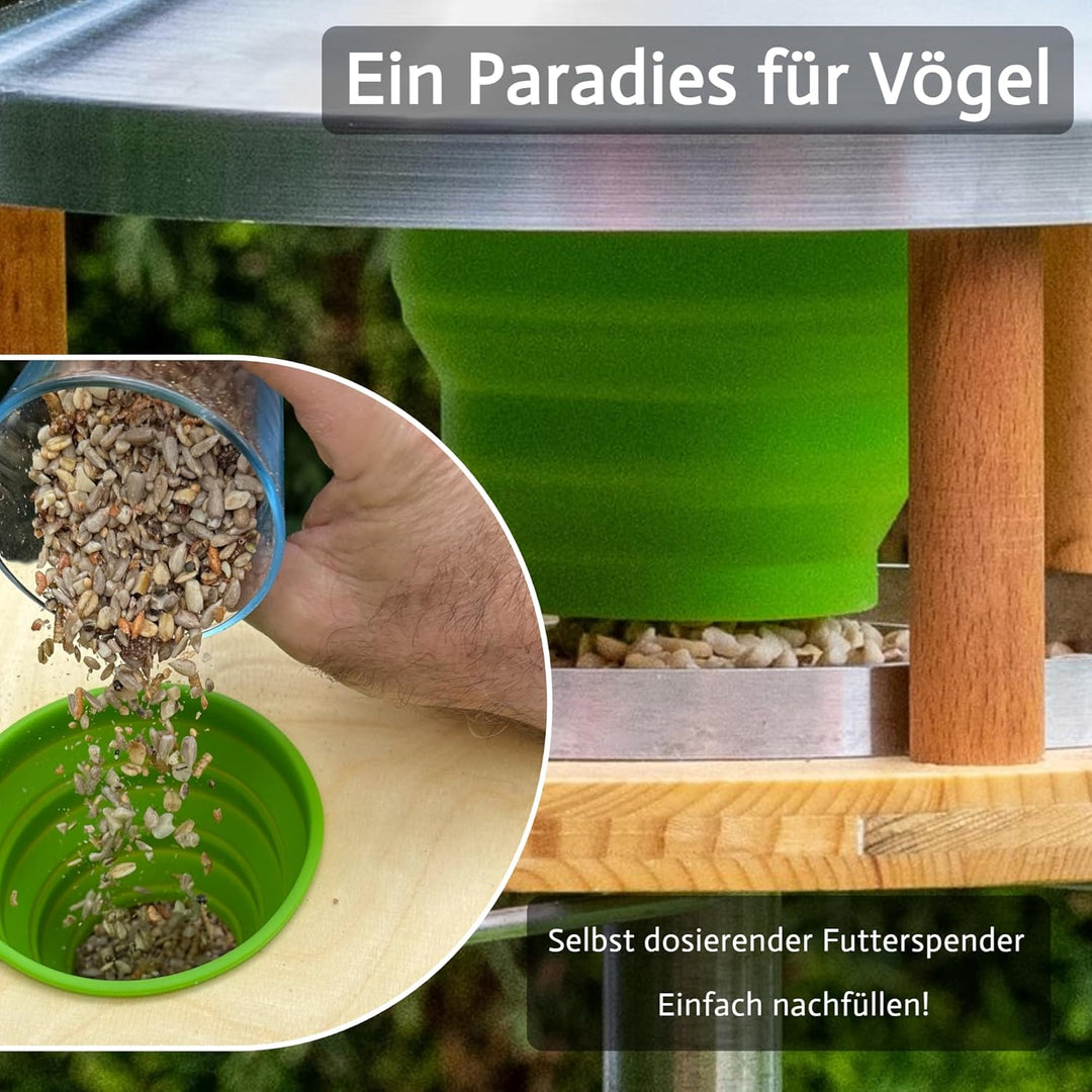 Vogelhaus mit Ständer wetterfest aus Edelstahl - Stabiles Vogelfutterhaus für draussen, modern aus M