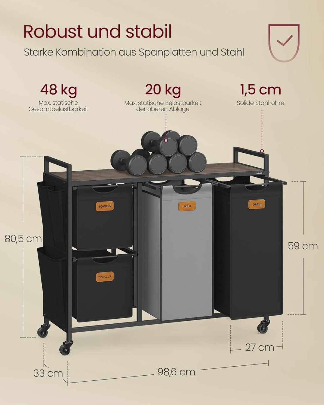 VASAGLE Wäschekorb, Wäschesammler, Wäschesortierer, Rollen, Wäschewagen mit Ablage, kleine seitliche