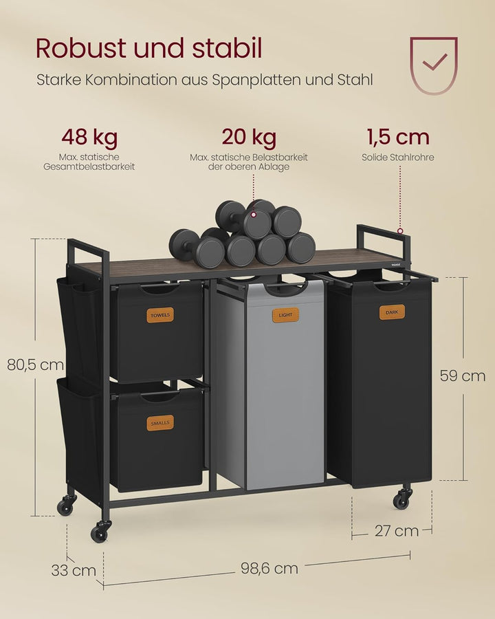 VASAGLE Wäschekorb, Wäschesammler, Wäschesortierer, Rollen, Wäschewagen mit Ablage, kleine seitliche