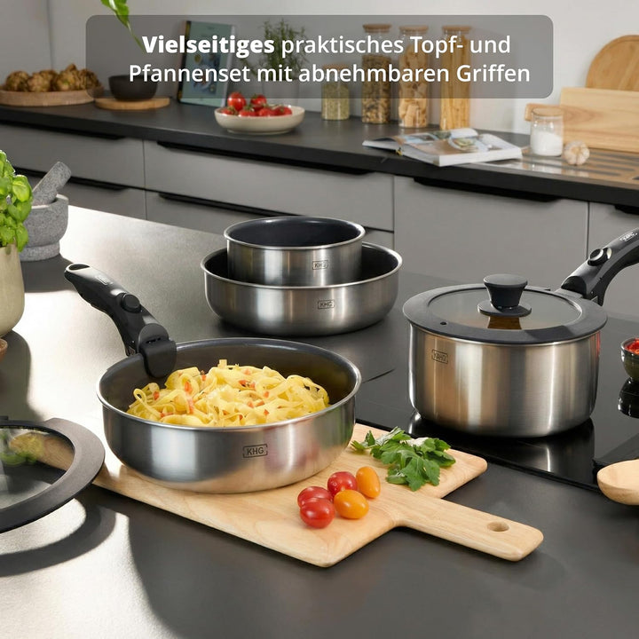 KHG Topf- &amp; Pfannenset 8-teilig, Keramik, Platzsparend, Platzsparend