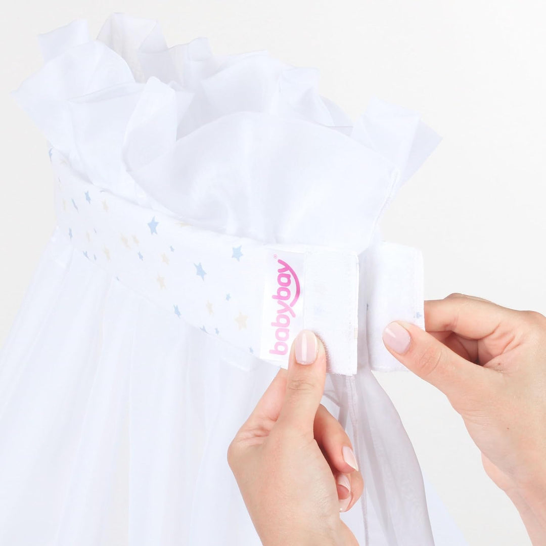 babybay Himmel Piqué mit Band passend für alle Modelle bis 96 cm Länge, weiss Sternemix Sand/azurbla