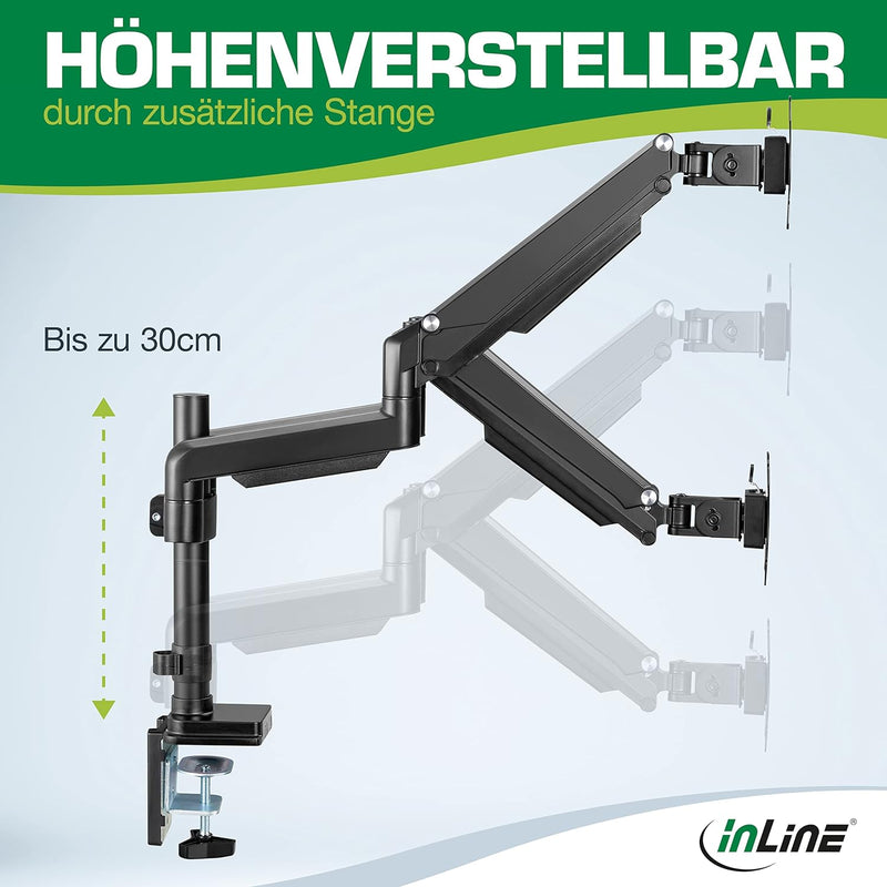 InLine® Monitor Tischhalterung mit Lifter, Halterung für 2 Bildschirme bis 32“ (82cm, VESA 75x75 ode