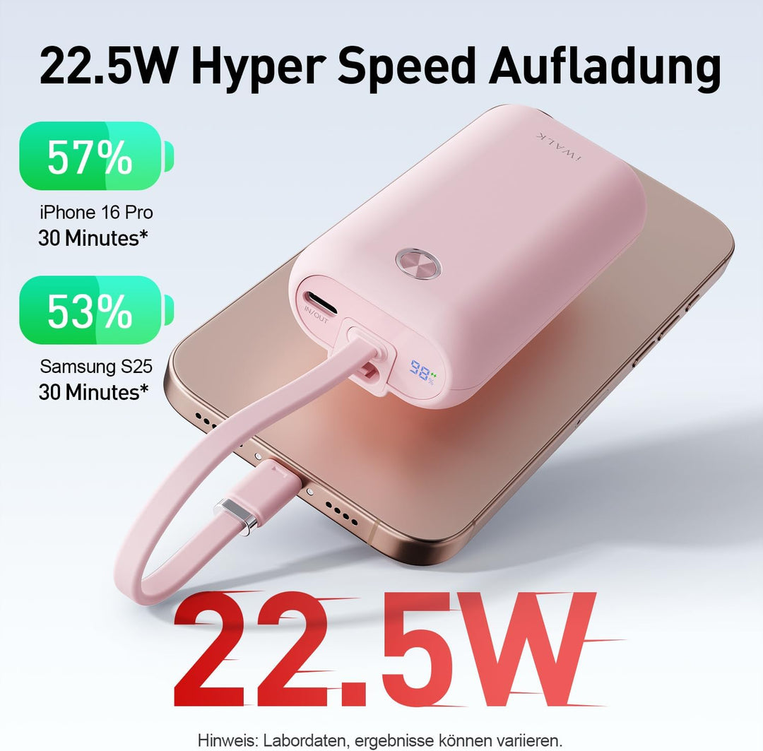 iWALK Mini Tragbares Ladegerät 10000 mAh, 22,5W USB-C Powerbank mit integriertem Kabel, Ultra-kompak