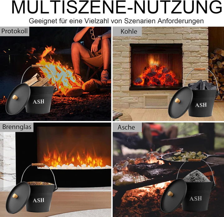 Ascheeimer mit Deckel 5 Liter, Reinigungsbürste, Schaufel,Zubehör für Kamine, Feuerstellen und Holzh