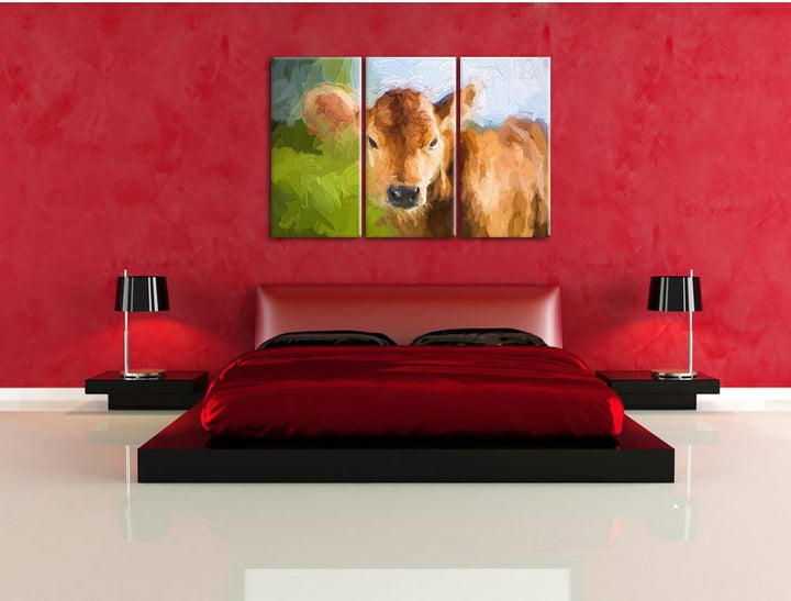 Pixxprint Junge Kuh Kälbchen Kunst als Leinwandbild/Grösse: 3 Teilig (120x80) cm/Wandbild/Kunstdruck