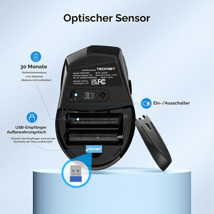 TECKNET Silent Maus Kabellose, 4800DPI 2.4GHz Leise Funkmaus mit Nano Empfänger, Side Control, Ohne