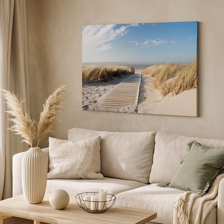 Bilder auf Leinwand 100x70cm Leinwandbild Strand Meer Fussgängerbrücke Ufer Gross Wanddeko Bild Schl