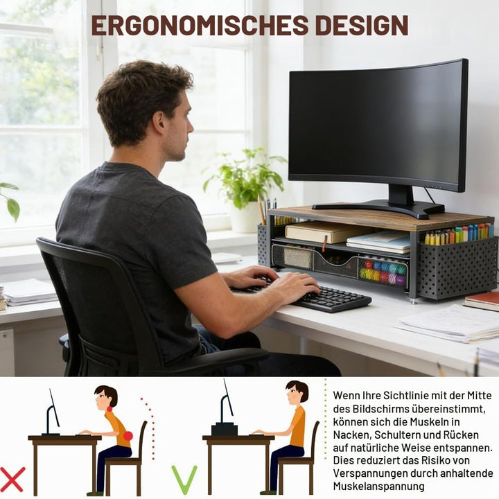 Monitorständer, Monitorständer Mit 2 Ebenen, Schreibtisch Organizer | mit Schublade und 2 Stifthalte