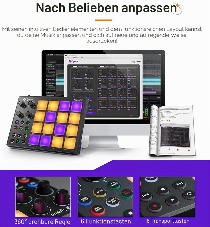 Synido MIDI Pad Beat Maker Maschine mit 16 RGB Beat Pads, USB Portable Mini MIDI Controller Pad mit