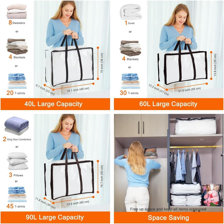 Vieshful 3 Stück Transparente Plastik Aufbewahrungstasche, 40+60+90L Organizer Aufbewahrungsbox Klei