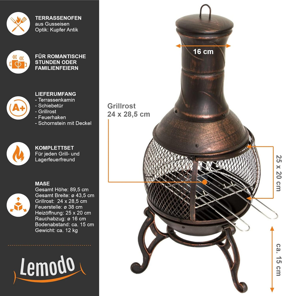 Terrassenofen Gartenkamin mit Grill, Gusseisen, Grillkamin 360° FireView, Funkenschutzgitter, Antik-