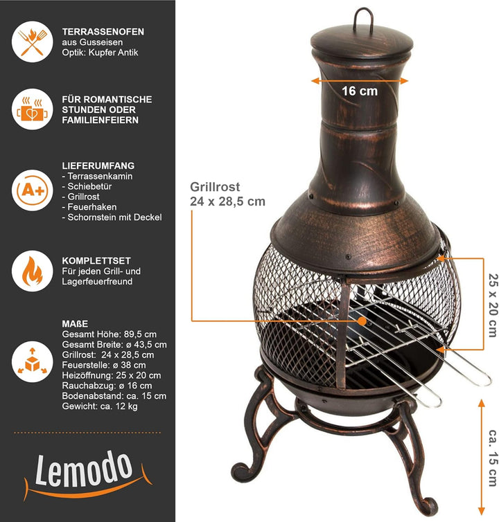 Terrassenofen Gartenkamin mit Grill, Gusseisen, Grillkamin 360° FireView, Funkenschutzgitter, Antik-