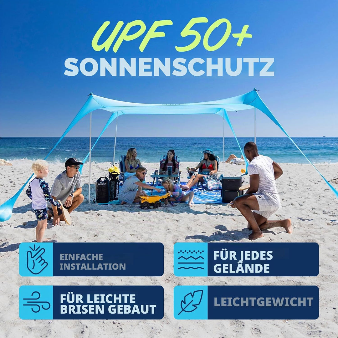 SUN NINJA Strandzelt, Sonnensegel LSF 50+, mit Sandschaufel, Heringen und Stabilitätsstangen, Schatt