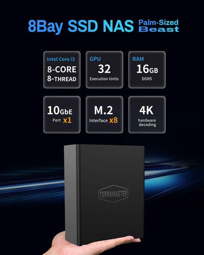 TERRAMASTER F8 SSD Plus NAS - 8Bay All SSD NAS Storage Core i3 8-Core 8-Thread CPU, 16GB DDR5 RAM, 1