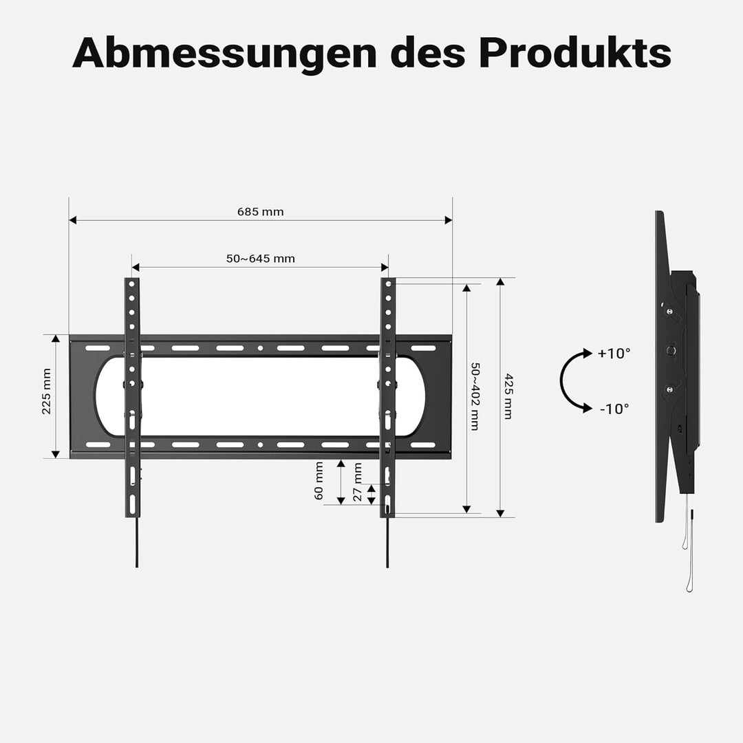 Wiltec TV Halterung 37"–80", TV Wandhalterung bis 80 kg aus Stahl, platzsparende Fernsehhalterung, F