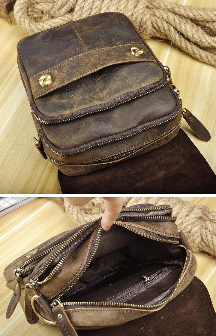 Le'aokuu Herren Echtleder Sling Messenger Schultertasche Tasche (144 Dunkelbraun)