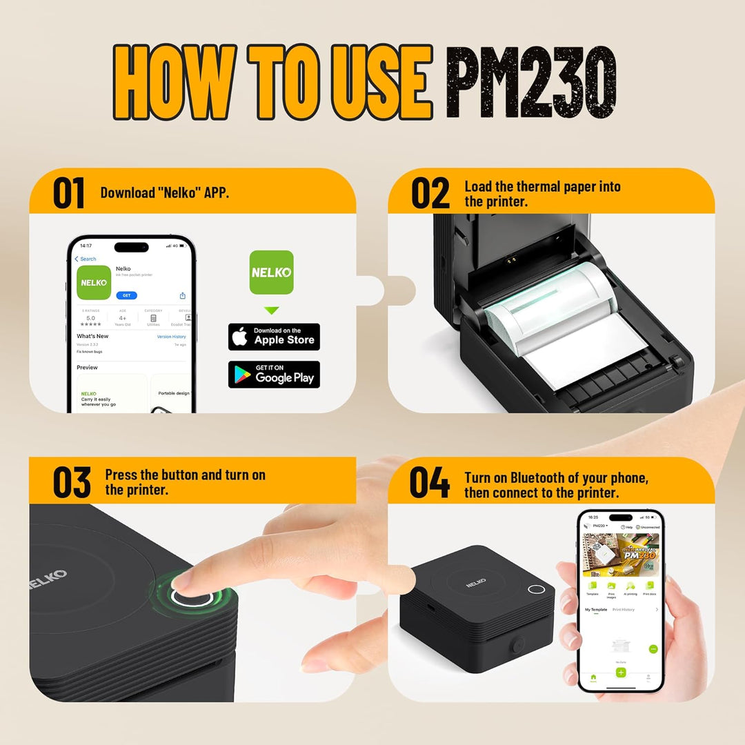 Nelko Aufkleber Drucker, PM230 Mini Drucker Bluetooth Portabel Sticker Maker mit 3 Rollen Papier, fü