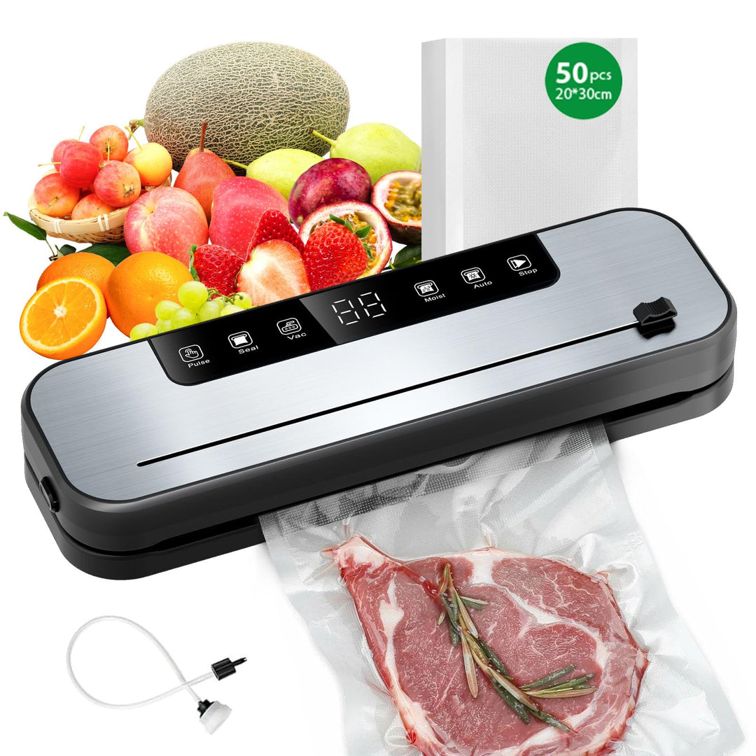 Vakuumiergerät Automatik, 6 in 1 Vakuumierer für Lebensmittel mit 50 Vakuumierbeutel, Lebensmittel-V