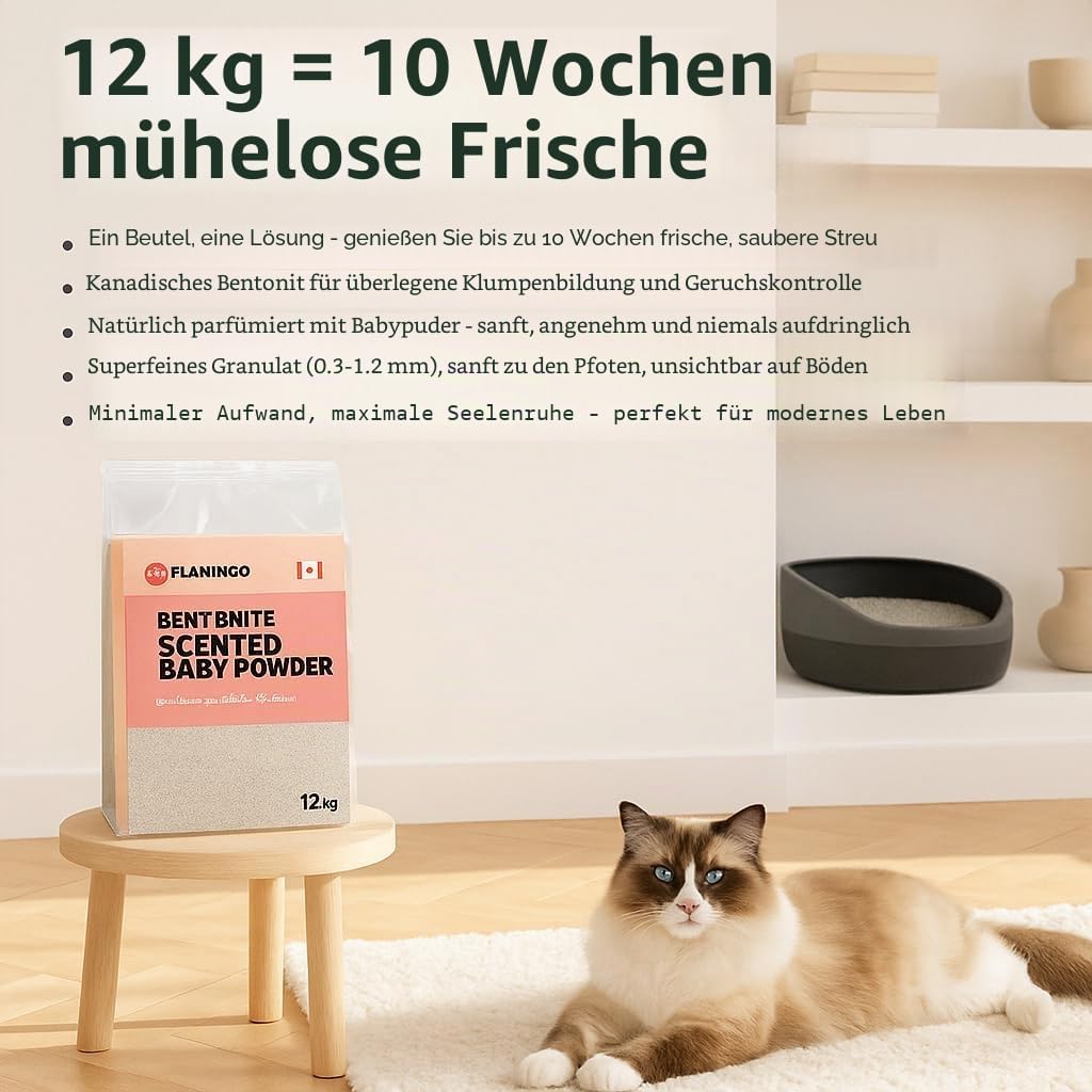 Flamingo Katzenstreu - katzenstreu klumpstreu - Babypuderduft - 12L (12KG) für 10 Wochen - Herkunft