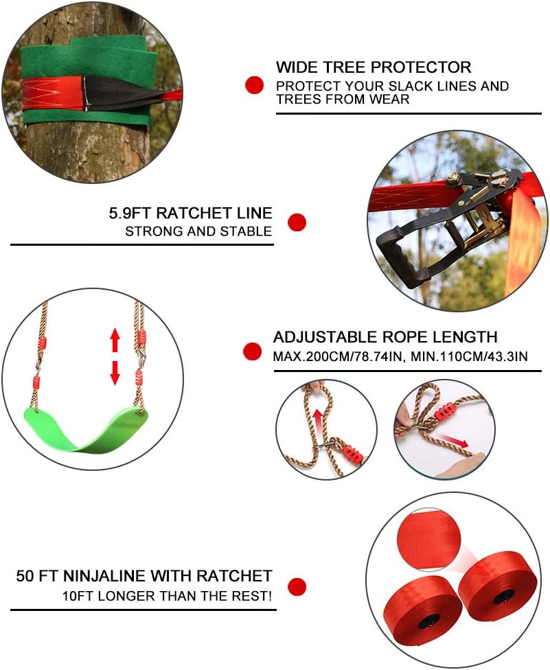 Ninja Warrior Hindernisparcours für Kinder - 15m×2 Ninja Slackline und 10 langlebige Hindernisse - O