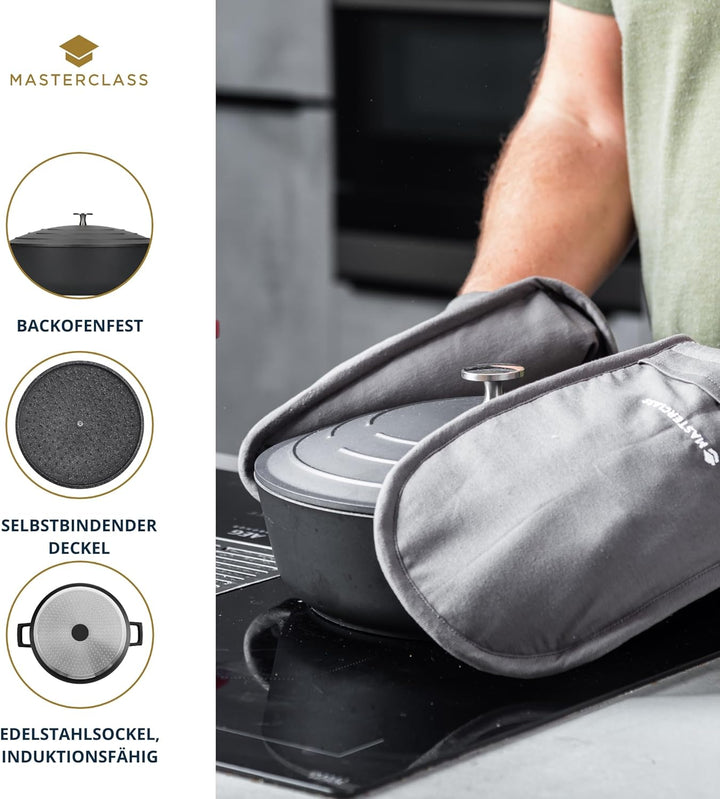MasterClass Auflaufform mit Deckel 24 cm, leichter Aluminiumguss, Induktionsherd und ofenfest, schwa