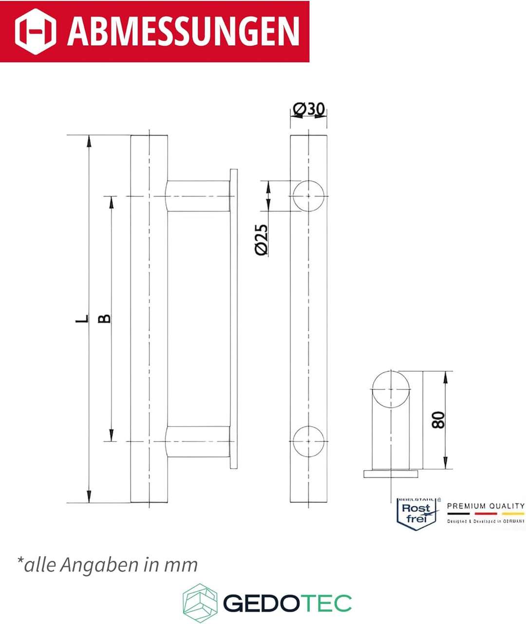 Gedotec Edelstahl Stossgriff | Haustürgriff 500 x 300 mm | 1 Stück | rostfreier Tür-Griff rund | Hau